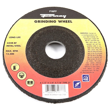 Forney Grinding Wheel, Metal, Type 27, 4-1/2 in x 1/4 in x 7/8 in 71877